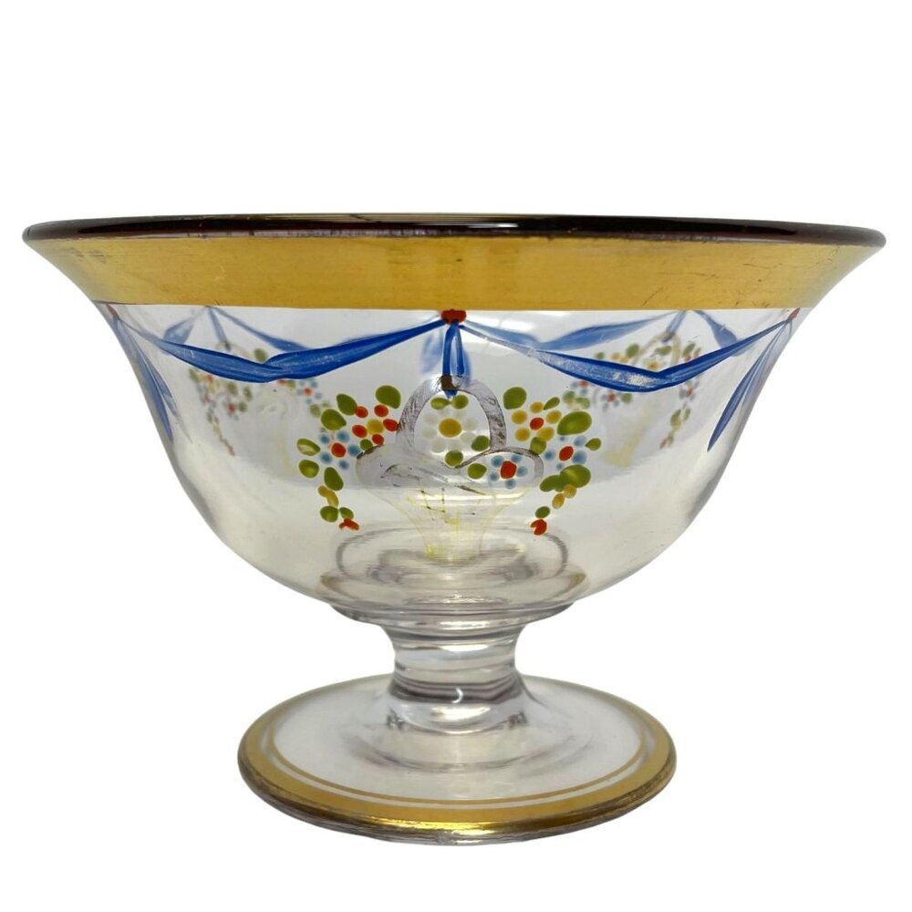 Hand-Painted Glass Compote Dish with Floral and Gold Accents, European Style